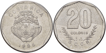 КОСТА-РИКА 20 КОЛОН 1985 сс KM 216.2 нержавеющая сталь 82-143