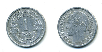 ФРАНЦИЯ 1 ФРАНК 1948 ТИП MORLON, LEGERE KM 885a.1, LE FRANC 221.13 алюминий 23-1021