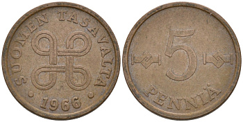 ФИНЛЯНДИЯ 5 ПЕННИ 1966 KM 45 медь 4549-134
