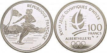 Франция 100 франков 1989 XVI Зимние Олимпийские игры 1992 в Альбервиле, парное фигурное катание KM 972 серебро PROOF 1071-10-14