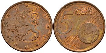 Финляндия 5 евроцентов 2000 KM 100 сталь плакированная медью 4154-955