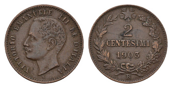 Италия 2 чентезимо 1903 R, Виктор Эммануил III (1900-1946) KM 38 бронза 105-1153