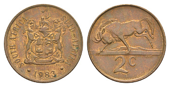 ЮАР 2 цента 1983 герб, антилопа гну KM 83 бронза aUNC 4621-154