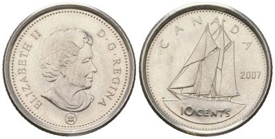 Канада 10 центов 2007 Leaf, Елизавета II (1952-2022), парусник KM 492 сталь плакированный никелем UNC 4382-1143