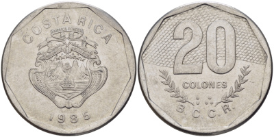 КОСТА-РИКА 20 КОЛОН 1985 сс KM 216.2 нержавеющая сталь 82-143
