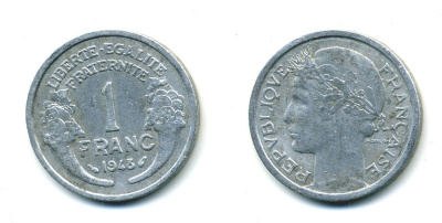 ФРАНЦИЯ 1 ФРАНК 1948 ТИП MORLON, LEGERE KM 885a.1, LE FRANC 221.13 алюминий 23-1021