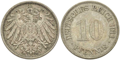 ГЕРМАНИЯ 10 ПФЕННИГОВ 1911 G KM 12, J. 13, Weege 8 медно-никель 212-142