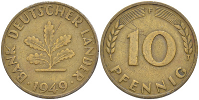 ФРГ 10 ПФЕННИГОВ 1949 F KM 103, J. 378 сталь плакированная латунью 4182-725