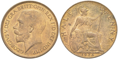 Великобритания 1/2 пенни 1924 Георг V (1910-1936) KM 809, Spink 4056 бронза 4514-657