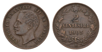 Италия 2 чентезимо 1903 R, Виктор Эммануил III (1900-1946) KM 38 бронза 105-1153
