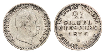 Пруссия 2 1/2 серебряных гроша 1870 A, Вильгельм I (1861-1888) KM 486 серебро 1531-1514