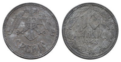 Сербия 10 динаров 1943 год-тип KM 33 цинк 4652-1125