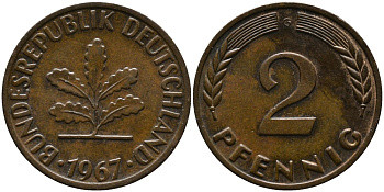 ФРГ 2 ПФЕННИГА 1967 G KM 106, J.381 бронза 33-231