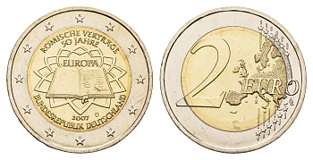 Германия 2 евро 2007 D, 50 лет подписанию Римского договора KM 259 биметалл UNC 1096-2-21