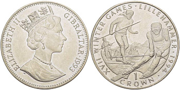 Гибралтар 1 крона 1993 XVII зимние Олимпийские игры 1994 года в Лиллехаммере, горные лыжи KM 148 медно-никель UNC 4527-514