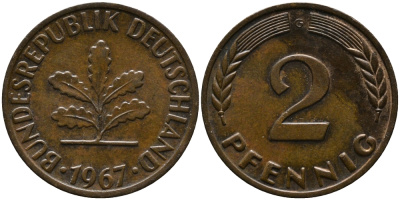 ФРГ 2 ПФЕННИГА 1967 G KM 106, J.381 бронза 33-231