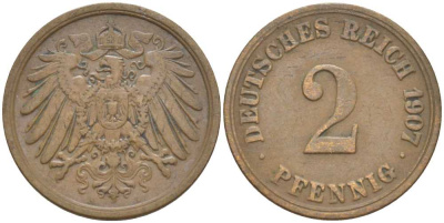 ГЕРМАНИЯ 2 ПФЕННИГА 1907 A KM 16, J. 11, Weege 4 медь 211-518