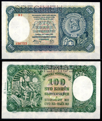 Словакия 100 крон 1940 образец, SPECIMEN, перфорация Pick 11 a бумага aUNC 451-1111-2