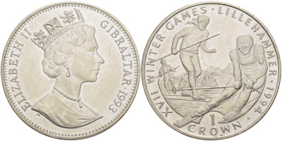 Гибралтар 1 крона 1993 XVII зимние Олимпийские игры 1994 года в Лиллехаммере, горные лыжи KM 148 медно-никель UNC 4527-514