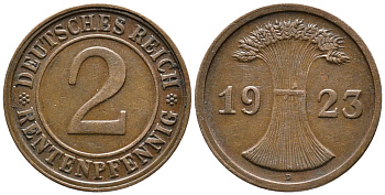 ГЕРМАНИЯ 2 РЕНТЕНПФЕННИГА 1923 D KM 31, J. 307 бронза 24-343