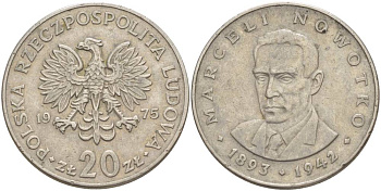 Польша 20 злотых 1975 Марцелий Новотко, монетный двор Кремница KM 69, Parchimowicz 246b медно-никель 4542-1141