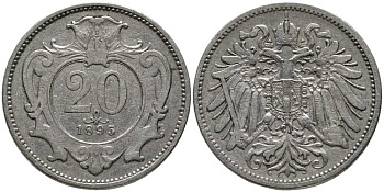 АВСТРИЯ 20 ГЕЛЛЕРОВ 1895 ФРАНЦ ИОСИФ (1848-1916) KM 2803 никель 116-835