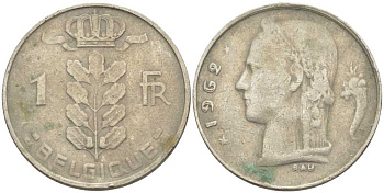 БЕЛЬГИЯ 1 ФРАНК 1962 BELGIQUE, БОДУЭН I (1951-1993) KM 142.1 медно-никель 119-452