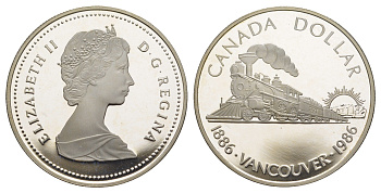 Канада 1 доллар 1986 100 лет городу Ванкувер KM 149 серебро PROOF 11-095-23