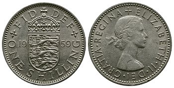 Великобритания 1 шиллинг 1959 Елизавета II (1952-2022), Английский герб KM 904, Spink 4147 медно-никель 4384-357