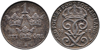 Швеция 1 эре 1943 Густав V (1907-1950) KM 810 железо 4387-539