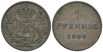 Бавария 1 пфенниг 1839 Людвиг I (1825-1848) KM 341, Wittelsbach 2776, AKS 94, BST 213 медь 54-815