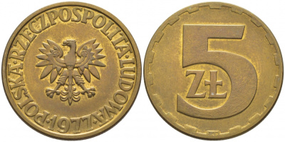 Польша 5 злотых 1977 монетный двор Ленинград (ЛМД) KM 81.1, Parchimowicz 221c латунь XF-UNC 3856-553