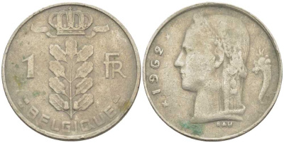 БЕЛЬГИЯ 1 ФРАНК 1962 BELGIQUE, БОДУЭН I (1951-1993) KM 142.1 медно-никель 119-452