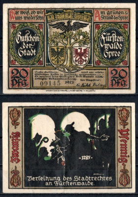 Фюрстенвальде (Пруссия, Бранденбург) 20 пфеннигов 1921 Mehl Grabowski 403.1a-2/15 бумага 7555-20-3-2