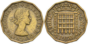 Великобритания 3 пенса 1960 Елизавета II (1952-2022) KM 900, Spink 4153 никель латунь 4126-717