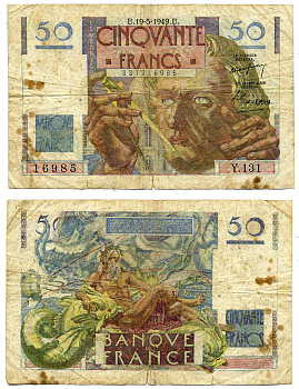 ФРАНЦИЯ 50 ФРАНКОВ 1949 19 МАЯ 1949 Pick 127b бумага 7219-19-1-2