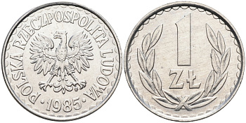 Польша 1 злотый 1985 MW, Народная Республика KM 49.1, Parchimowicz 213x алюминий UNC 4364-2035