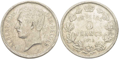 БЕЛЬГИЯ 5 ФРАНКОВ 1933 АЛЬБЕРТ I, DES BELGES KM 97.1 никель 3851-241