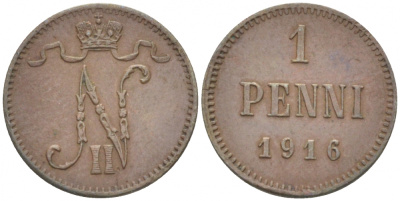 РОССИЯ ДЛЯ ФИНЛЯНДИИ 1 ПЕННИ 1916 НИКОЛАЙ II (1895-1917) KM 13, Биткин 476 медь 211-1037