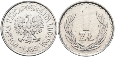 Польша 1 злотый 1985 MW, Народная Республика KM 49.1, Parchimowicz 213x алюминий UNC 4364-2035