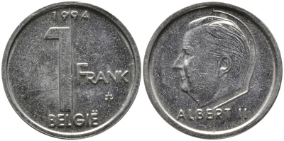 БЕЛЬГИЯ 1 ФРАНК 1994 BELGIE, АЛЬБЕРТ II (1993-) KM 188 железо плакированное никелем 99-1246