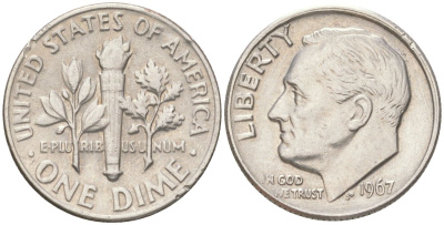 США 10 центов (дайм) 1967 Рузвельт KM 195a медь плакированная медно-никелем 4613-822