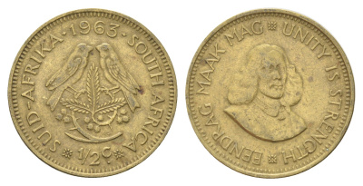 ЮАР 1/2 цента 1963 Ян Ван Рибек (1619-1677), голландский исследователь, мореплаватель, основатель Г. Кейптауна, две птички на ветке с ягодами KM 56 латунь 4704-134