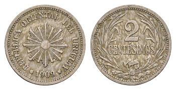 Уругвай 2 сентесимо 1909 KM 20 медно-никель 4649-751