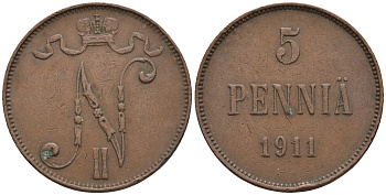 Россия для Финляндии 5 пенни 1911 Николай II (1894-1917) KM 15, Биткин 451 медь 85-1134