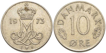 ДАНИЯ 10 ЭРЕ 1973 S; B, МАРГРЕТЕ II (1972-) KM 860.1 медно-никель 116-237