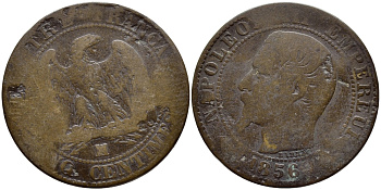 ФРАНЦИЯ 5 САНТИМОВ 1856 МА, НАПОЛЕОН III (1852-1870) KM 777.6, LE FRANC 116.35 бронза 4364-751
