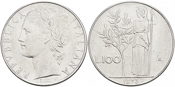 ИТАЛИЯ 100 ЛИР 1973 R АФИНА KM 96.1 сталь 3855-814