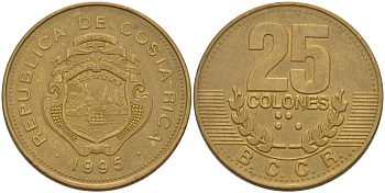 КОСТА-РИКА 25 КОЛОН 1995 KM 229 сталь плакированная латунью 67-1015