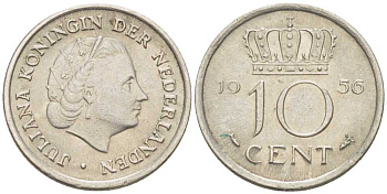 НИДЕРЛАНДЫ 10 ЦЕНТОВ 1956 ЮЛИАНА (1948-1980) KM 182 никель 214-1145